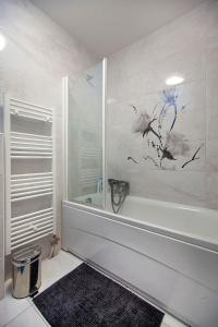 a bathroom with a shower and a bath tub with a painting at Rooms & Apartments Banjac in Maribor