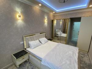 um pequeno quarto com uma cama e um espelho em Spectre Neo Classic Cozy Home em Tashkent