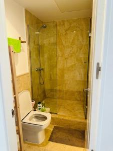 uma casa de banho com um WC e um chuveiro em Superior 3BR Duplex Penthouse in Aloha em Marbella
