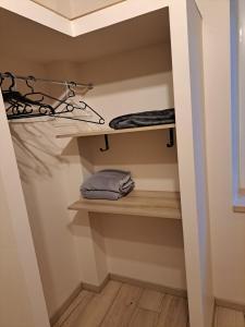 una cabina armadio con scaffali e asciugamani di Gîte La Dolce Vita a Saint-Félix-Lauragais