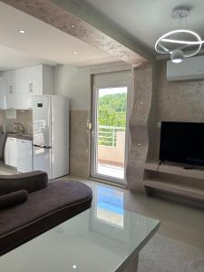 a kitchen and living room with a couch and a television at Apartmani Planinska Idila in Bar
