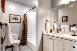 a bathroom with a sink and a toilet and a shower at Village at the Shores 201 by Moose Management in Cranmer