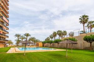 an outdoor swimming pool with umbrellas and a lawn at AP Over the Sea in Arenales del Sol