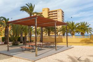 a picnic shelter with benches and palm trees and a building at AP Over the Sea in Arenales del Sol