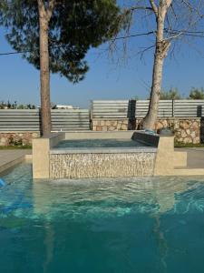 a swimming pool with blue water and two trees at Luxury Villa Anemone with private pool in Pastida