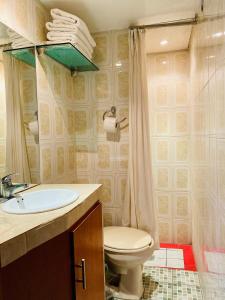 uma casa de banho com um WC, um lavatório e um chuveiro em Posada Mi Rey em Guadalajara