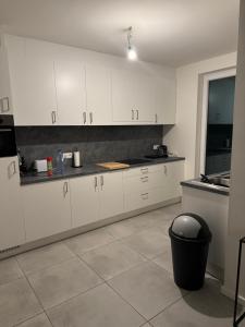 a kitchen with white cabinets and a trash can at Appartement 100m2 drogenbos in Drogenbos