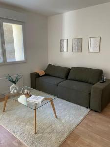 uma sala de estar com um sofá e uma mesa de centro em Belle des champs - Loft avec spa em Labruguière
