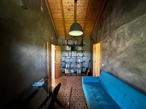 een woonkamer met een blauwe bank en een boekenplank bij Monte São Francisco in São Francisco da Serra