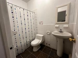 a bathroom with a toilet and a sink at Cozy Townhouse in Harlem in New York
