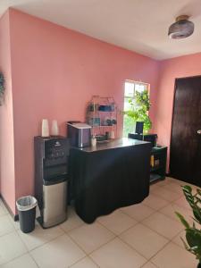 cocina con paredes rosas y encimera negra en Selva Boutique Hotel - Luquillo Oceanfront Retreat - Adults Only, en Luquillo