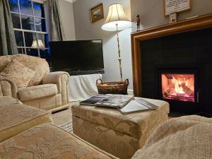 a living room with a fireplace and a tv at Foxghyll Country House in Ambleside