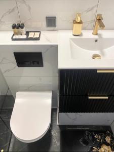 Łazienka z białą toaletą i umywalką w obiekcie Jaukus butas Jonavoje w mieście Janów