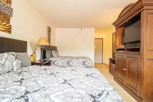 um quarto com uma cama e uma televisão de ecrã plano em Manitou Inn em Manitou Springs