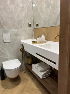a bathroom with a white sink and a toilet at Four Sisters Luxury Rooms in Siauliai in Šiauliai