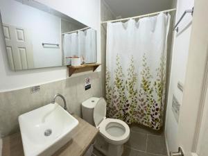 a bathroom with a sink and a toilet and a shower curtain at Casa Colibri Palomino in Palomino