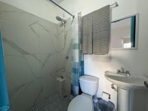 a bathroom with a shower and a toilet and a sink at Isla Venados Habitaciones Vacacionales in Mazatlán