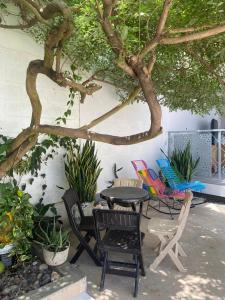 a patio with a table and chairs under a tree at BYMAR Resort in Necoclí