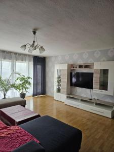 ein Wohnzimmer mit einem Flachbild-TV und einem Sofa in der Unterkunft Kompfort Business Apartment in Wertheim