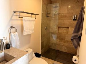 a bathroom with a shower with a toilet and a sink at Depa Luxe 2HAB con Alberca y Playa Caminando in Boca del Río +8 photos