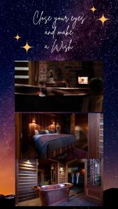 un collage de un dormitorio con una cama y las palabras bendigan tus ojos en Old Bishop's Quarters Hobart en Hobart