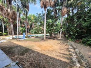 a park with palm trees and a swimming pool at Sweet Home in Iranduba