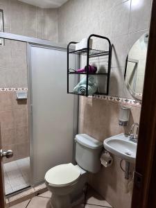 a bathroom with a shower and a toilet and a sink at Casa Valentina in Sayula