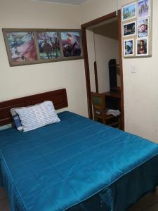 a bedroom with a blue bed with a pillow on it at La Casa Del Viajero in Arequipa