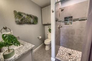 ein Bad mit einer Duschkabine und einem WC in der Unterkunft DT 534 Castle Shadow Cottage in New Braunfels + 18 Fotos