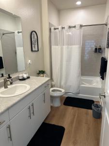 a bathroom with a sink and a toilet and a shower at Devine living in the med center in Houston