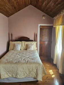 曼德維爾的住宿－Dalkeith Greathouse，一间卧室设有一张床和木制天花板