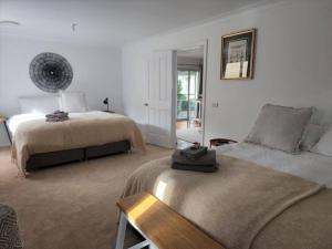 a white bedroom with two beds and a window at Delaware Retreat in Mount Panorama