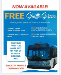 un folleto para un servicio de traslado gratuito en autobús en Resort Hotel Condo near Disney parks - Free parks shuttle en Orlando