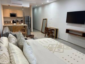 a living room with a couch and a flat screen tv at Solum Luxury Condos in Tulum
