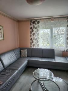 ein Wohnzimmer mit einem Sofa und einem Glastisch in der Unterkunft Apartma Maka in Maribor