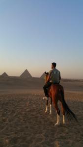Un uomo che cavalca un cavallo nel deserto con delle piramidi sullo sfondo di Pyramids station View a Il Cairo