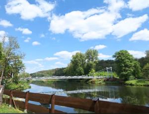 eine Brücke über einen Fluss mit einem Zaun in der Unterkunft Ferienwohnungen Grimma 3 in Grimma