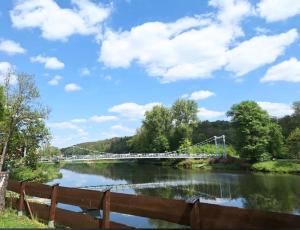 a bridge over a river with a fence at Ferienwohnungen Grimma 3 in Grimma +2 photos