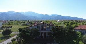 a house on a hill with mountains in the background at Villa Magnolia in Litochoro