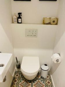La salle de bains est pourvue de toilettes blanches et d'un lavabo. dans l'établissement Hotel Hoofd & Vondel, à Amsterdam