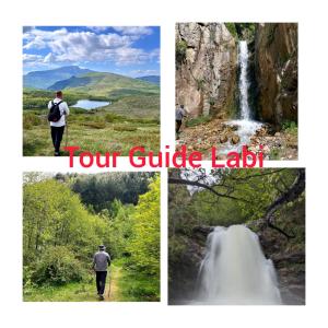 a collage of four photos of a waterfall and a man walking a trail at SuperPanorama GuestHouse in Kukës