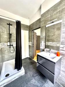 ein Bad mit einem Waschbecken und einer Dusche in der Unterkunft Vivre la vie de château in Amboise