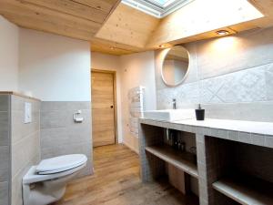 ein Badezimmer mit einem WC, einem Waschbecken und einem Spiegel in der Unterkunft Cocon de caractère au cœur des vignes Alsaciennes in Bergheim