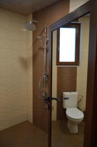 baño con ducha, aseo y ventana en Ваканционно селище Ива en Sarnitsa