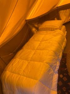 Un pat sau paturi într-o cameră la Bell tent Binnen Duin