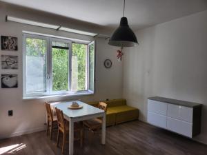 jadalnia ze stołem i krzesłami oraz oknem w obiekcie Apartment 4kk, centrum 15m walk w mieście Moravská Ostrava