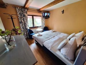 シュクラルスカ・ポレンバにあるApartamenty i Pokoje Anetaのベッドルーム(大型ベッド1台、テーブル付)