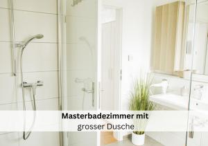 y baño con ducha y lavamanos. en Ferienhausträume Oase Bodensee, en Kreuzlingen