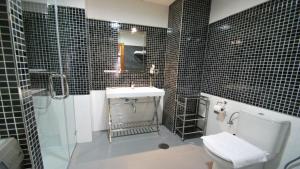 Baño de azulejos negros con aseo y lavamanos en Apartamentos Living Sevilla Centro Maestranza en Sevilla