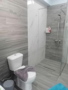 W łazience znajduje się biała toaleta i prysznic. w obiekcie casaeudokia w mieście Apóllona